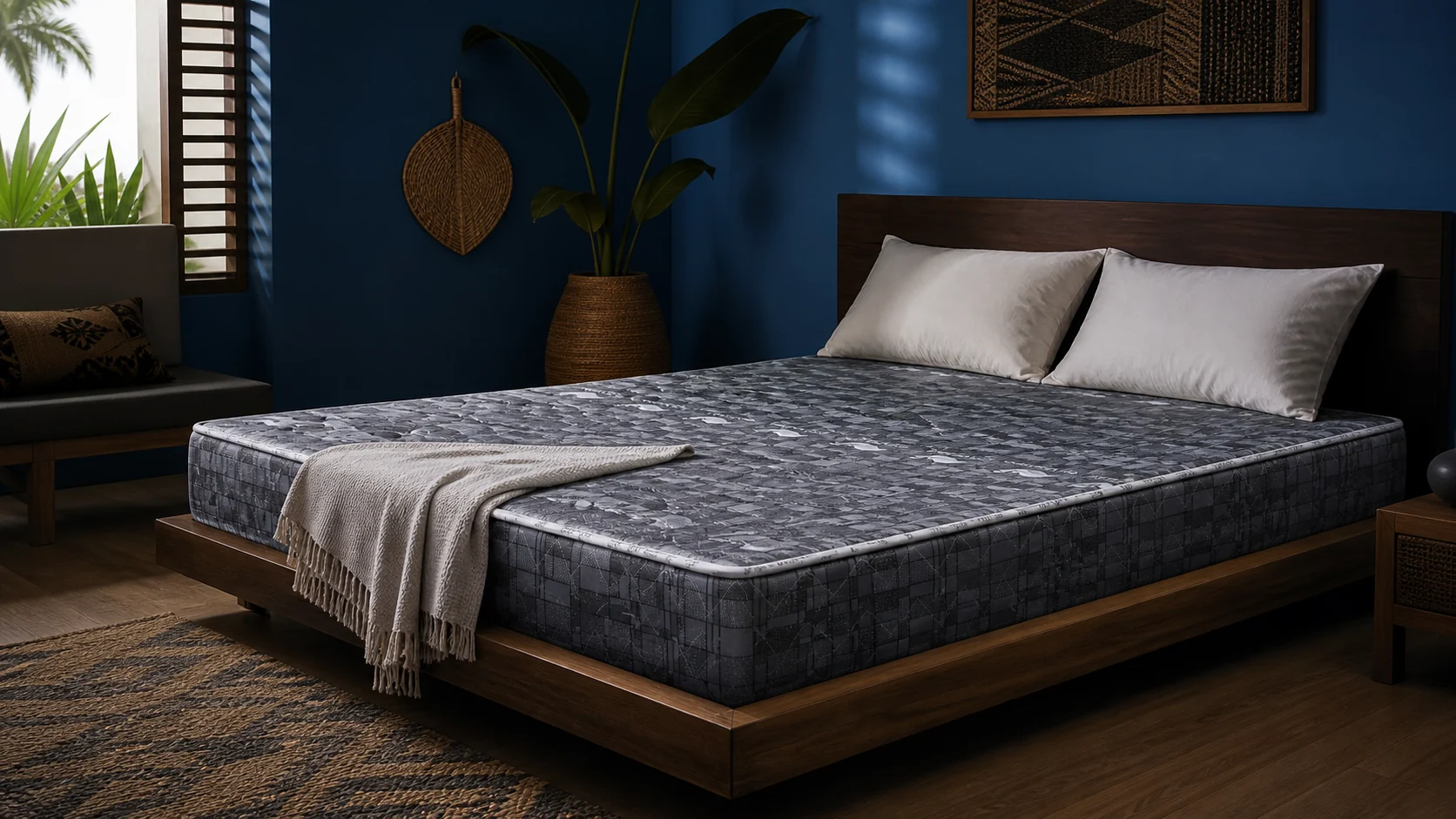 Matelas Polyfoam dans une chambre contemporaine bleu profond